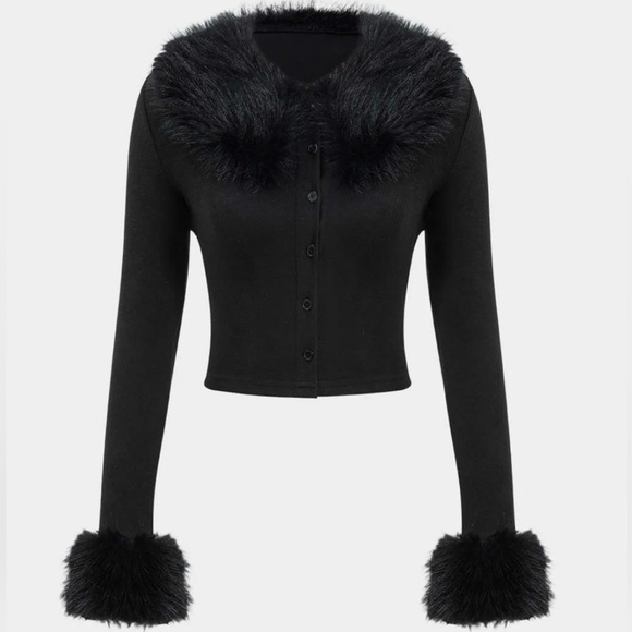 Micas Sweaters - Micas • Faux Fur Collar Black Button Long-Sleeve Top M NWT